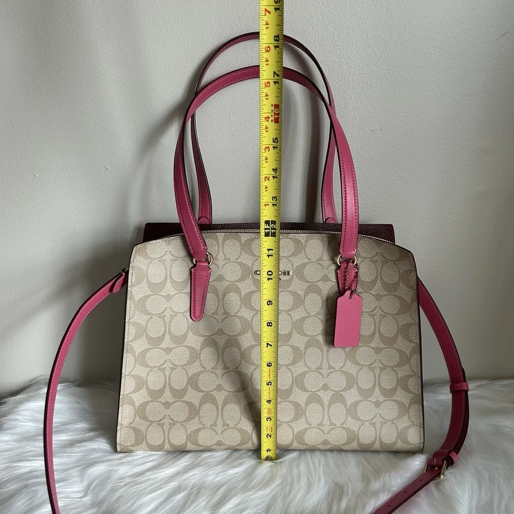 Coach Tatum Carryall 28 Khaki‎ Pink Signature Canvas Leather Bag Excellent